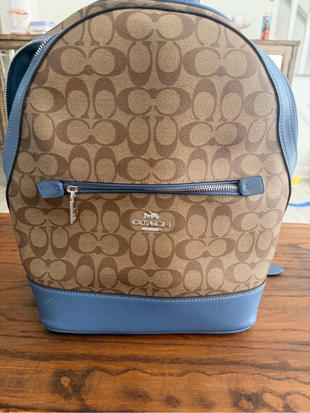 Coach Brown Signature Canvas Backpack with Blue Trim